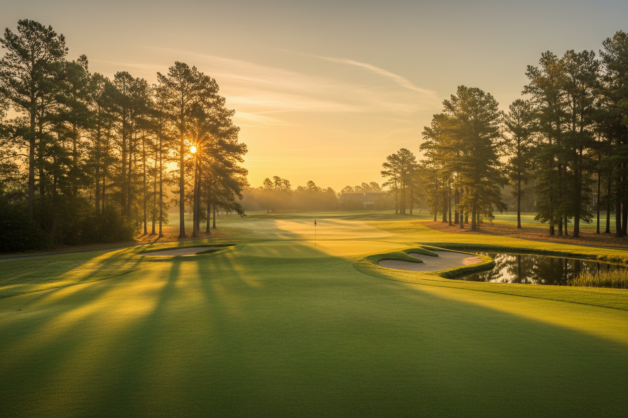 Golf course with pine trees at sunrise/sunset
